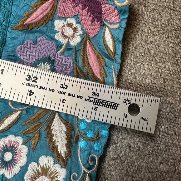 Sundance Boho Blue Teal Floral Embroidered Silky Short Cupro Dress Petite Small - Picture 5 of 7